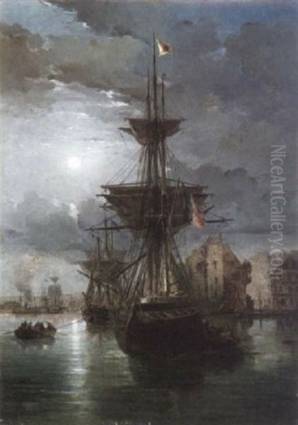 Port D'honfleur Au Crepuscule Oil Painting by Gaston-Marie-Anatole Roullet
