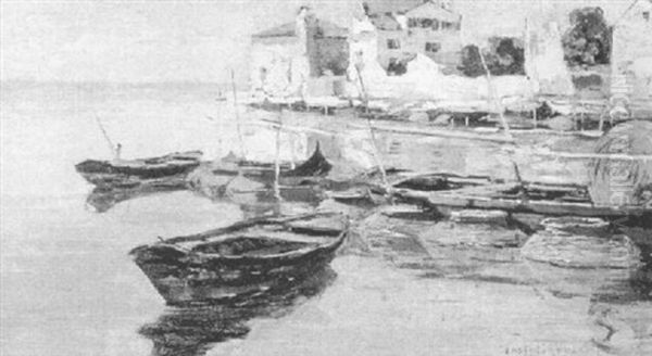 Boats In Sunlit Canal Oil Painting by Gaston-Marie-Anatole Roullet