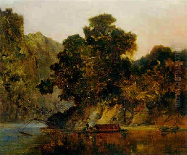 Fishing Vessels On The River Moire, Tonkin, Vietnam Oil Painting by Gaston-Marie-Anatole Roullet