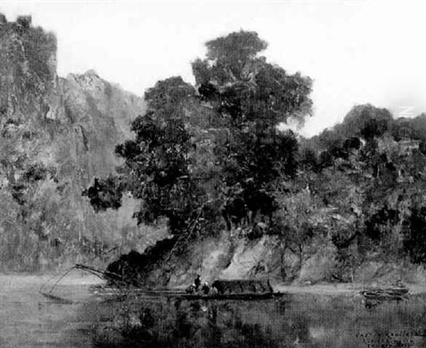 A Junk On The Black River, Tonquin Oil Painting by Gaston-Marie-Anatole Roullet