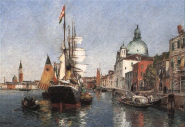 A Frigate Anchored In Venice Oil Painting by Gaston-Marie-Anatole Roullet