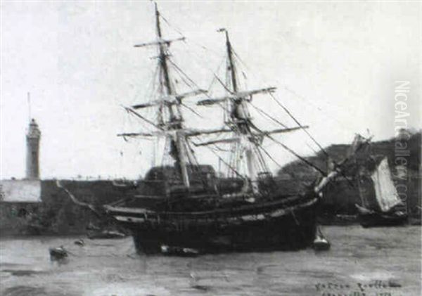 A Two Master In The Harbour Of Granville Oil Painting by Gaston-Marie-Anatole Roullet