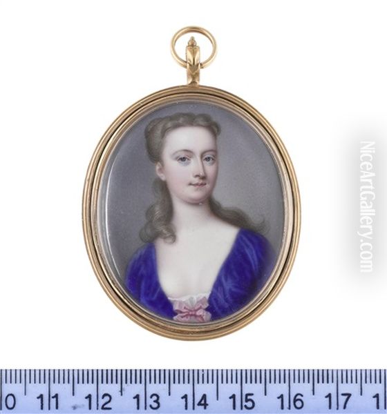 A Lady, Wearing Blue Dress Drawn Across Her White Chemise With A Pink Ribbon Bow, Her Light Brown Hair Upswept And Braided Oil Painting by Jean Andre Rouquet