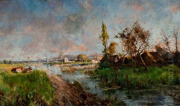 Farm Landscape With Resting Cows Oil Painting by Robert William Arthur Rouse