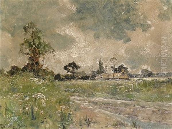 Farm In An Open Landscape Oil Painting by Robert William Arthur Rouse