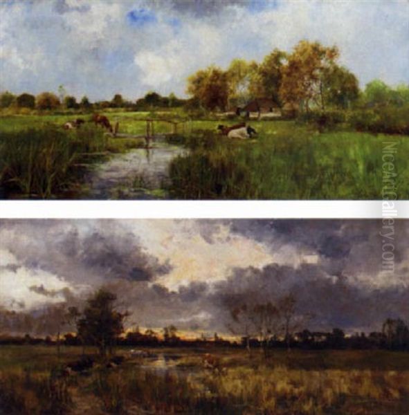 Cattle Resting In A Meadow; Cattle Watering In A Meadow At Sunset Oil Painting by Robert William Arthur Rouse