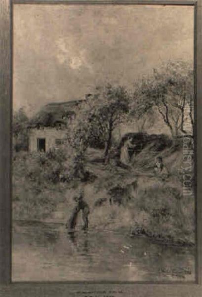 Haying By A River, Antwerp Oil Painting by Robert William Arthur Rouse