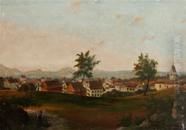 Village Avec Deux Arbres Et Un Clocher Sur Un Horizon De Montagnes Oil Painting by Henri Julien Rousseau