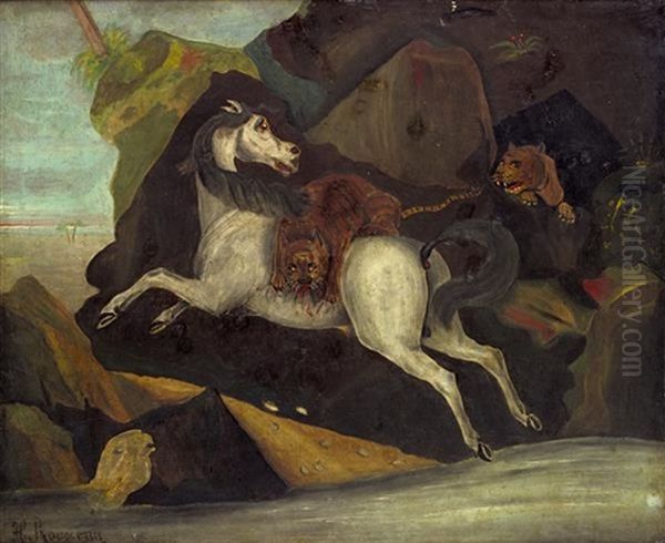 Cheval Attaque Par Deux Tigres Oil Painting by Henri Julien Rousseau