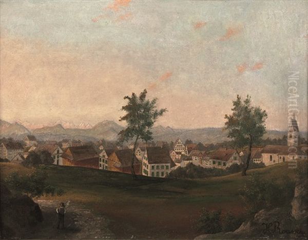 Village Avec Deux Arbres Et Un Clocher Sur Un Horizon De Montagnes Oil Painting by Henri Julien Rousseau