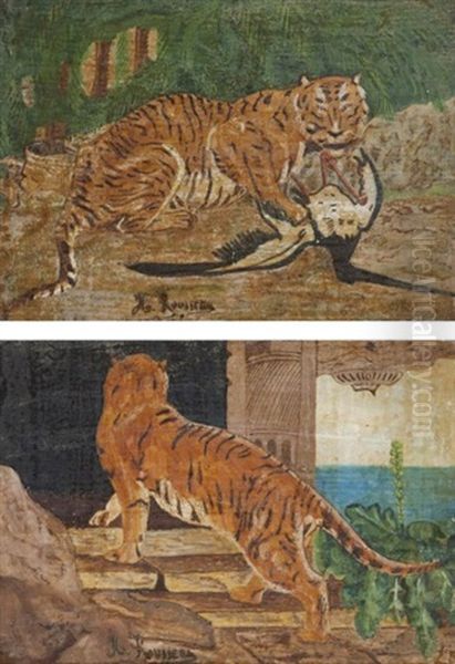 Tigre Au Temple Et Tigre Attaquant Un Ibis (2 Works) Oil Painting by Henri Julien Rousseau