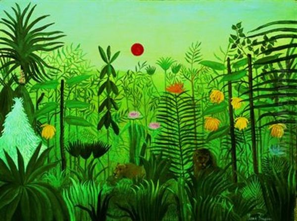 Paysage Exotique Avec Lion Et Lionne D'afrique Oil Painting by Henri Julien Rousseau