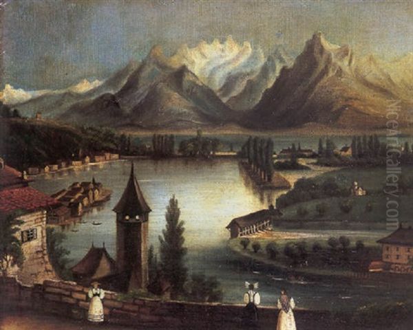 Paysage Avec Un Lac Et Des Montagnes Oil Painting by Henri Julien Rousseau