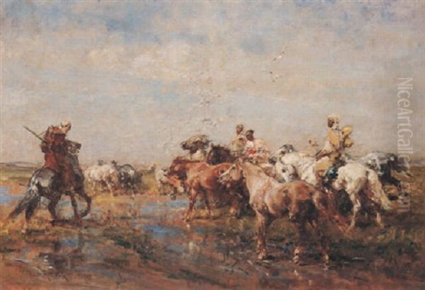 Arabes Dirigeant Un Troupeau De Chevaux Oil Painting by Henri Emilien Rousseau