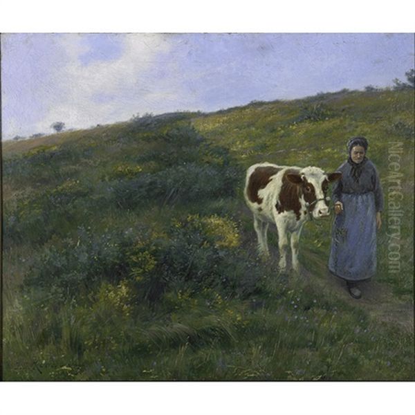 A Pasture With Breton Woman And Cow Oil Painting by Jean-Jacques Rousseau