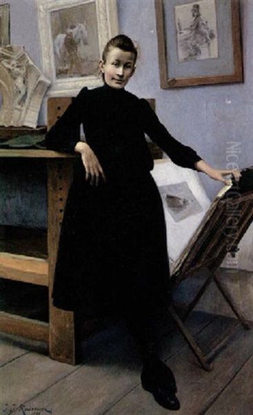 Portrait De La Fille De L'artiste Dans L'atelier Du Peintre Oil Painting by Jean-Jacques Rousseau