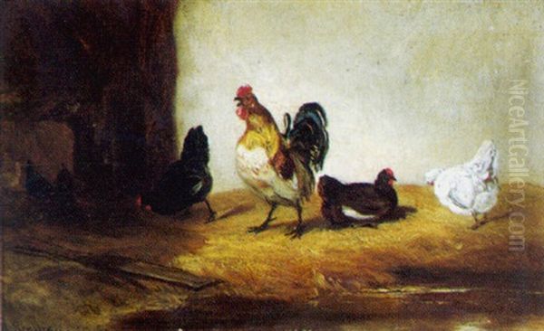Hof Mit Hahn Und Drei Huhnern Oil Painting by Philippe Rousseau