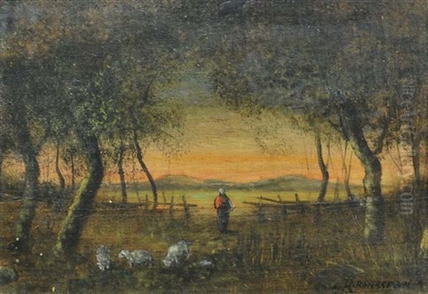 Berger Au Lever De Soleil (ecole De Barbizon) Oil Painting by Theodore Rousseau