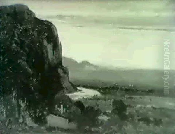 Riviere Dans La Vallee Avec Montagnes Au Fond Oil Painting by Theodore Rousseau