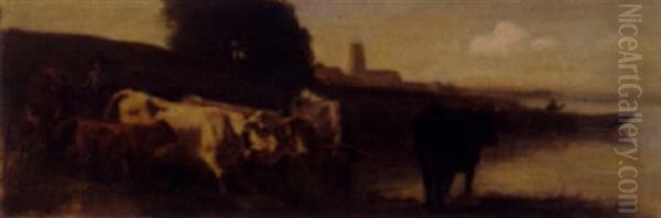 Kuhe Am Wasser Oil Painting by Carl Roux