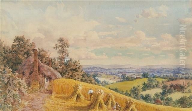 An Extensive English Scene With Thatched Cottage And Figures Harvesting Oil Painting by Philip A. Bosworth