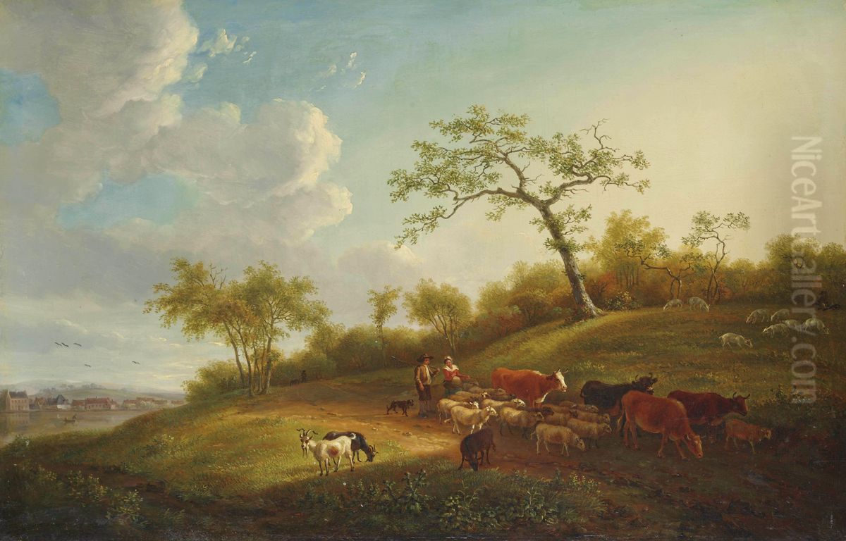 A Landscape With Drovers And Their Herd On A Track, A Village Beyond Oil Painting by Jean-Baptiste De Roy
