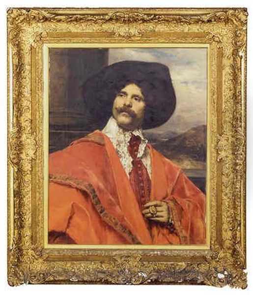 A Cavalier In A Red Costume And A Black Hat Oil Painting by Ferdinand Victor Leon Roybet
