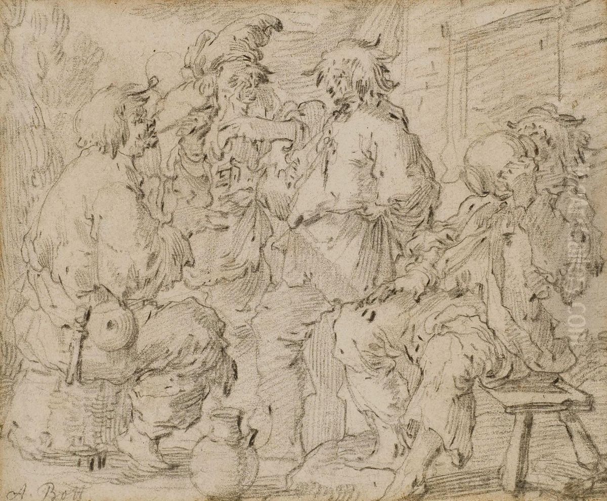 Personnages Devant Une Auberge Avec Inscriptions Oil Painting by Andries Dirksz. Both