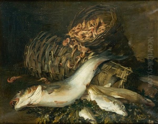 Nature Morte Aux Poissons Et Crevettes Oil Painting by Dominique Hubert Rozier