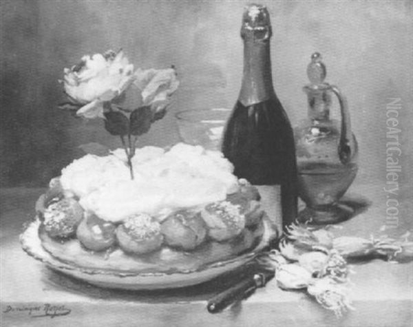 Nature Morte Au Gateau Et A La Bouteille De Champagne Oil Painting by Dominique Hubert Rozier
