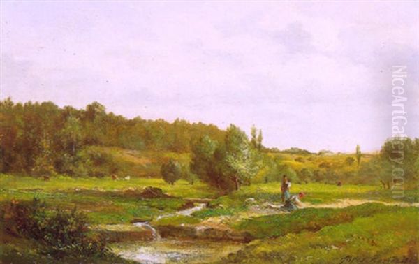 Paysage Aux Lavandieres Oil Painting by Jules Charles Rozier