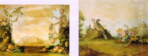 Coniglio Con Scimmia, Uccello, Fiori E Frutta In Un Paesaggio Con Una Citta Sullo Sfondo Oil Painting by Felice Rubbiani