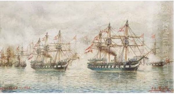 Beflaggte Osterreichische Kriegsschiffe, Helgoland 9. 6. 1864 Oil Painting by Ludwig Rubelli Von Sturmfest