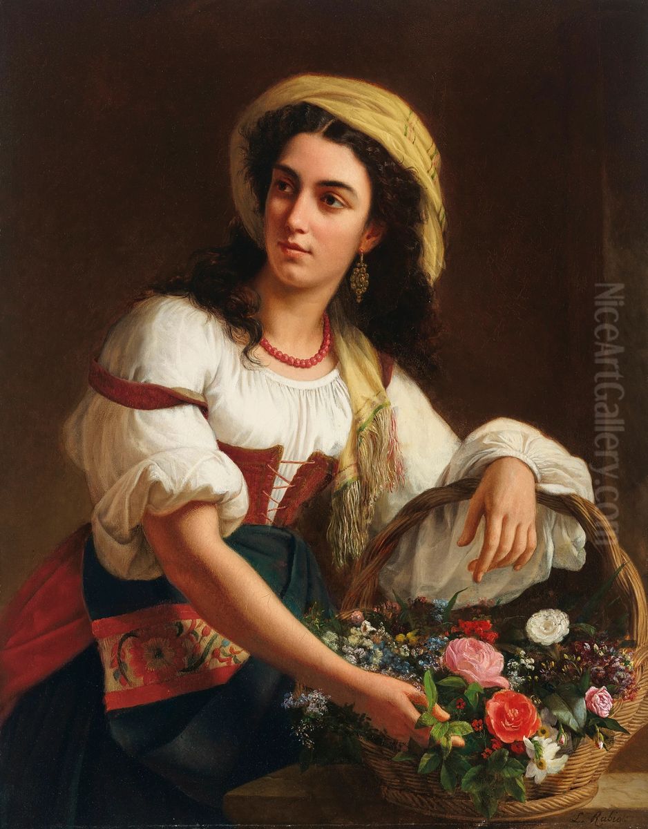 An Italian Beauty Holding A Basket Of Flowers Oil Painting by Luigi Rubio