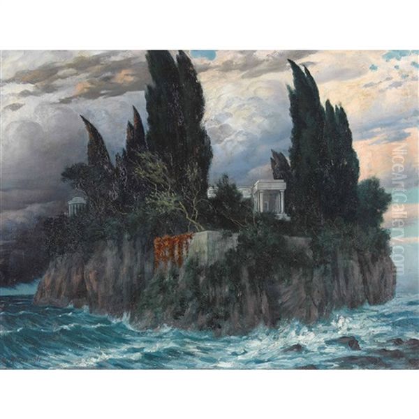 Symbolistische Inseldarstellung Mit Antiker Tempelanlage Oil Painting by Michael Albert Ruedisuehli