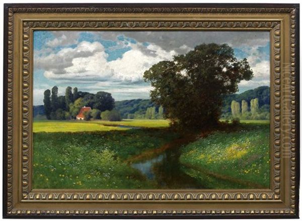 Haus Mit Rotem Dach Im Wiesengrund Oil Painting by Traugott Hermann Ruedisuehli