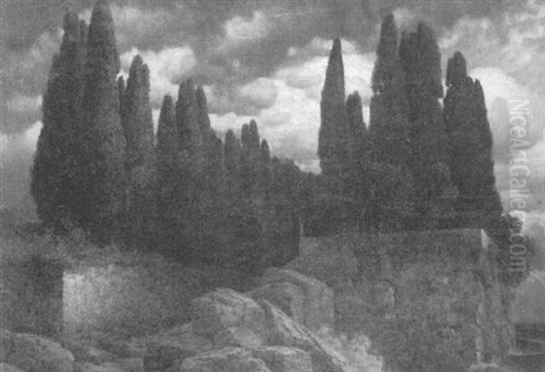 Felsige Insel Mit Zypressen Oil Painting by Traugott Hermann Ruedisuehli