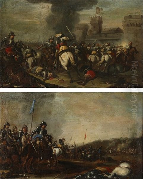 Two Battle Scenes With Horsemen Near A Fortress Oil Painting by Rugendas, Georg Philipp I