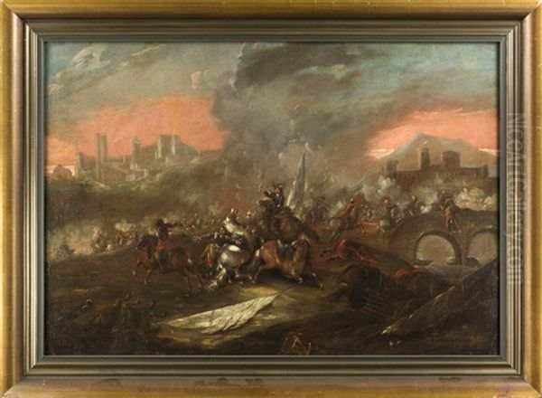 Grose Schlachtenszene Wohl Zu Den Turkenkriegen, Vielfiguriges Reitergefecht Unter Glutrotem, Von Rauchwolken Verhangenem Himmel Vor Einer Kulisse Versch. Wehrbauten Oil Painting by Rugendas, Georg Philipp I