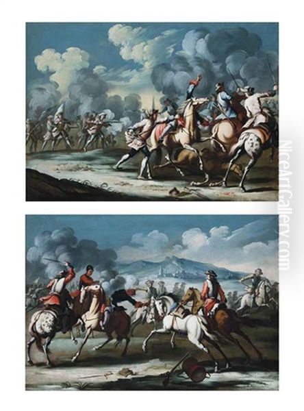 A Cavalry Skirmish (+ A Cavalry Skirmish; Pair) Oil Painting by Rugendas, Georg Philipp I