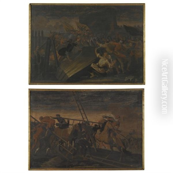 Battles Scenes Between Christians And Turks At The Raising Of A Siege (pair) Oil Painting by Rugendas, Georg Philipp I