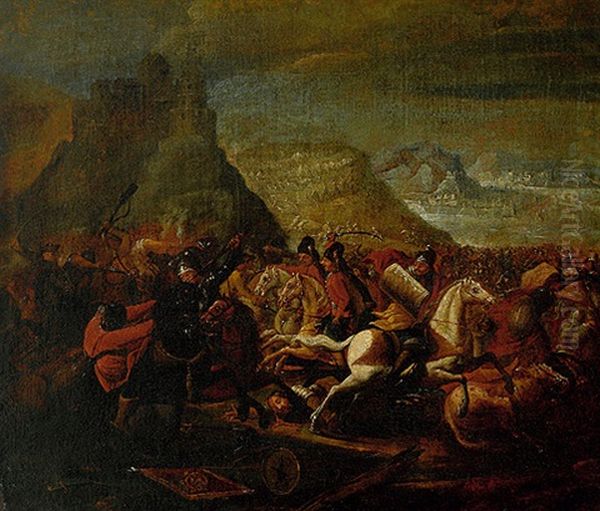 Schlachtenszene In Hugeliger Landschaft Oil Painting by Rugendas, Georg Philipp I