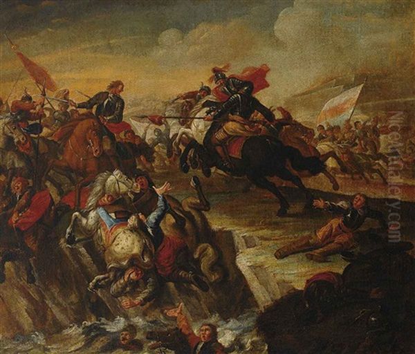 Figurenreiche Reiterschlacht Zwischen Den Osterreichern Und Den Ungarn An Einem Grenzfluss Vor Befestigtem Fort Oil Painting by Rugendas, Georg Philipp I