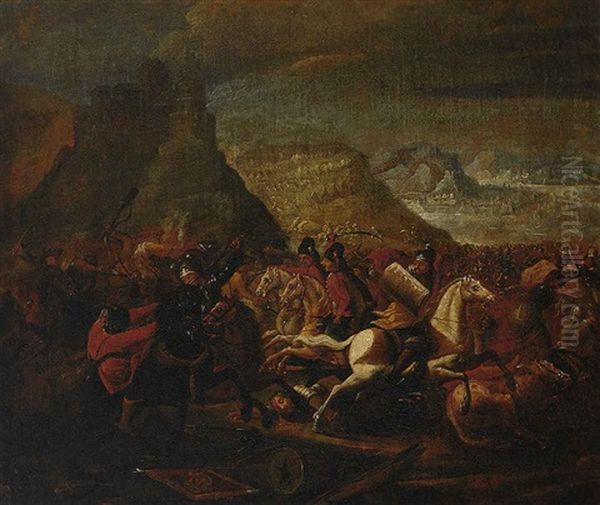 Figurenreiche Reiterschlacht Zwischen Den Turken Und Den Vereinigten Heeren In Hugeliger Landschaft Mit Burgen Und Feldlager Oil Painting by Rugendas, Georg Philipp I