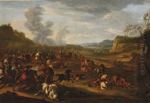 A Battle Between Turks And Christians In A Hilly Landscape (battle Of Zenta?) Oil Painting by Rugendas, Georg Philipp I