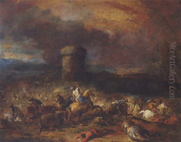 Slagscene Ved Et Faestningstarn I Flodlandskab Oil Painting by Rugendas, Georg Philipp I