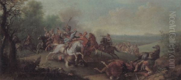 Reitergefecht In Einer Bewaldeten Landschaft, Im Hintergrund Eine Stadt Oil Painting by Rugendas, Georg Philipp I