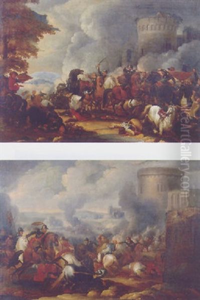 Cavalrymen Besieging A Fortified Town In A Landscape Oil Painting by Rugendas, Georg Philipp I