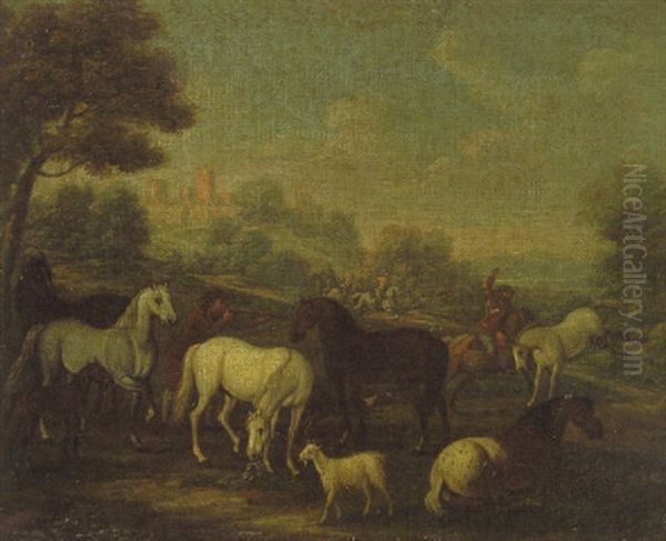 Pferde Und Reiter In Hugeliger Landschaft Oil Painting by Rugendas, Georg Philipp I