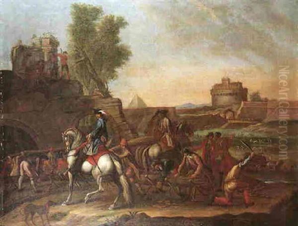 Capriccio Landscape With A Horseman Beside Builders, The Pyramid Of Sixtus And The Castel Sant'angelo Oil Painting by Rugendas, Georg Philipp I